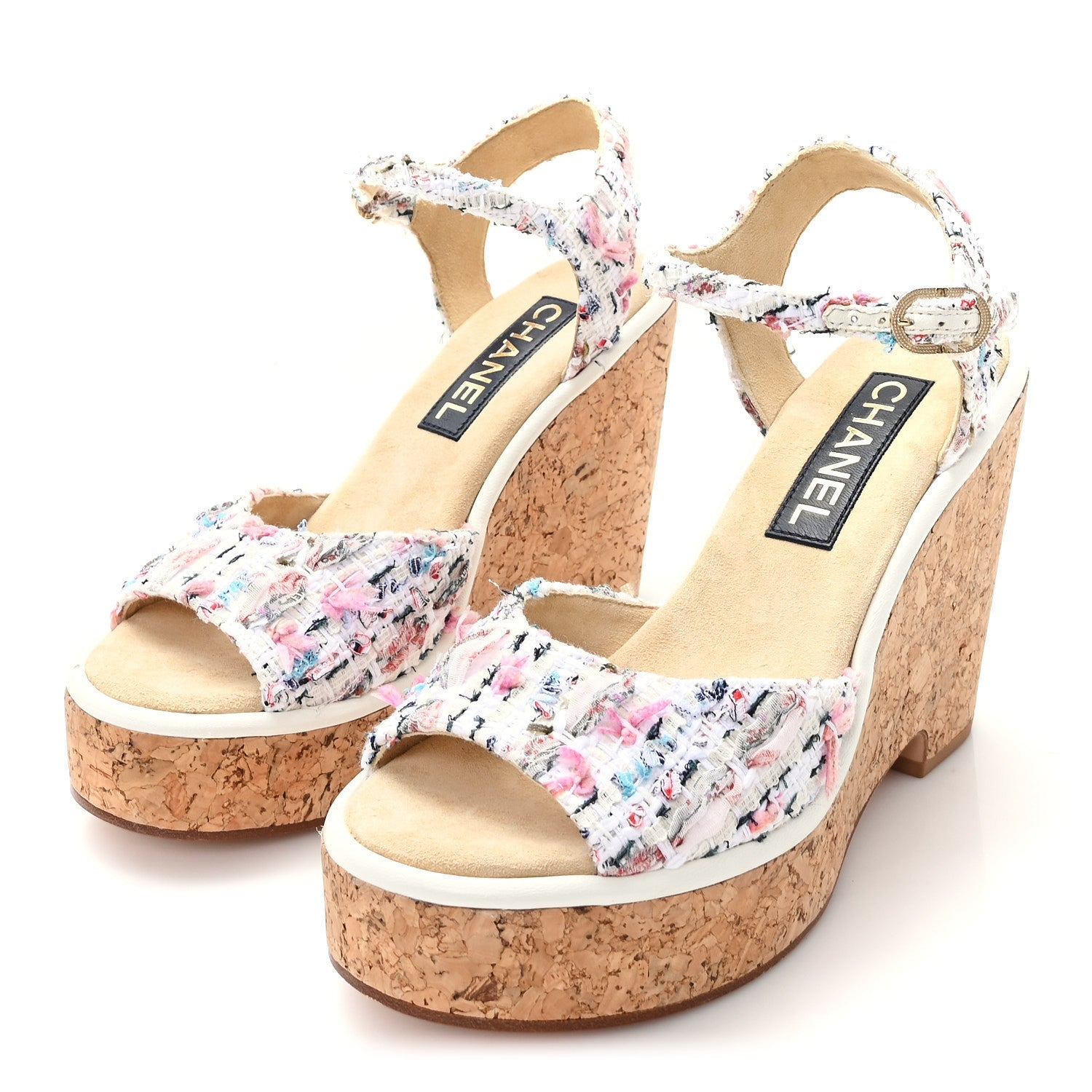 Chanel Tweed Cork CC Wedge Sandals 39 Ecru Pink Blue Green