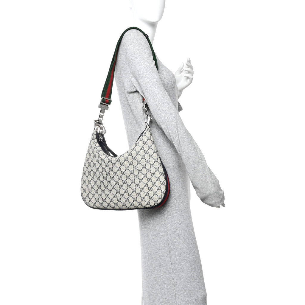 Gucci GG Supreme Monogram Textured Calfskin Web Large Attache Shoulder Bag Beige Blue