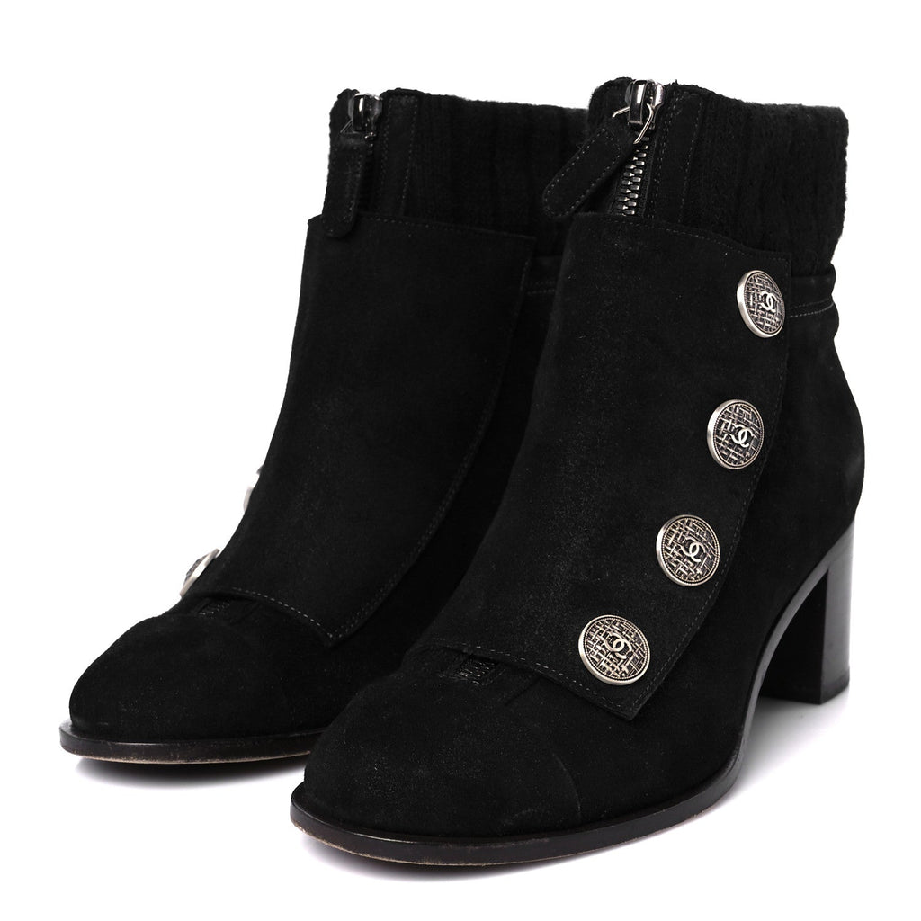 Chanel Suede Calfskin Knit Button Ankle Boots 36.5 Black