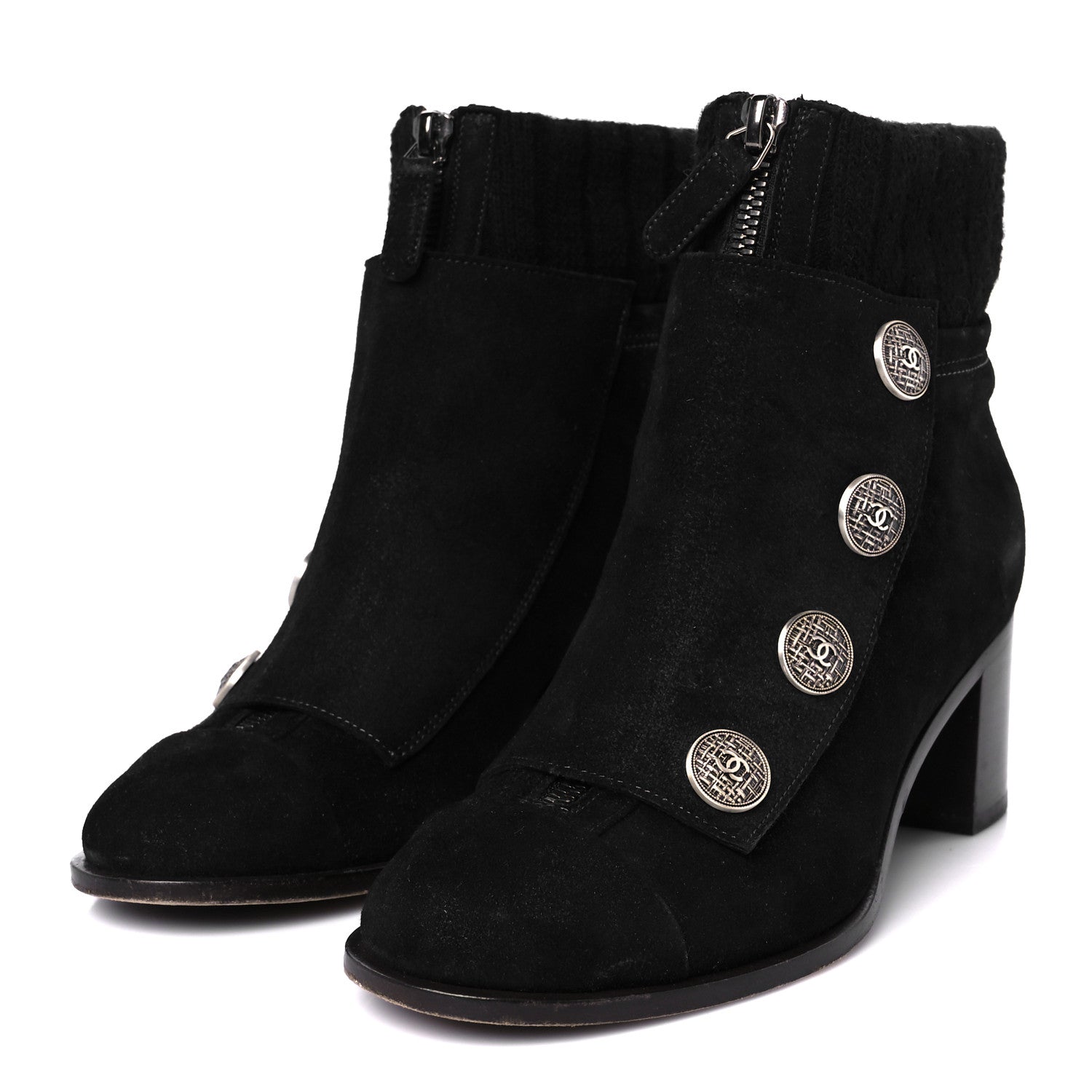 Chanel Suede Calfskin Knit Button Ankle Boots 36.5 Black