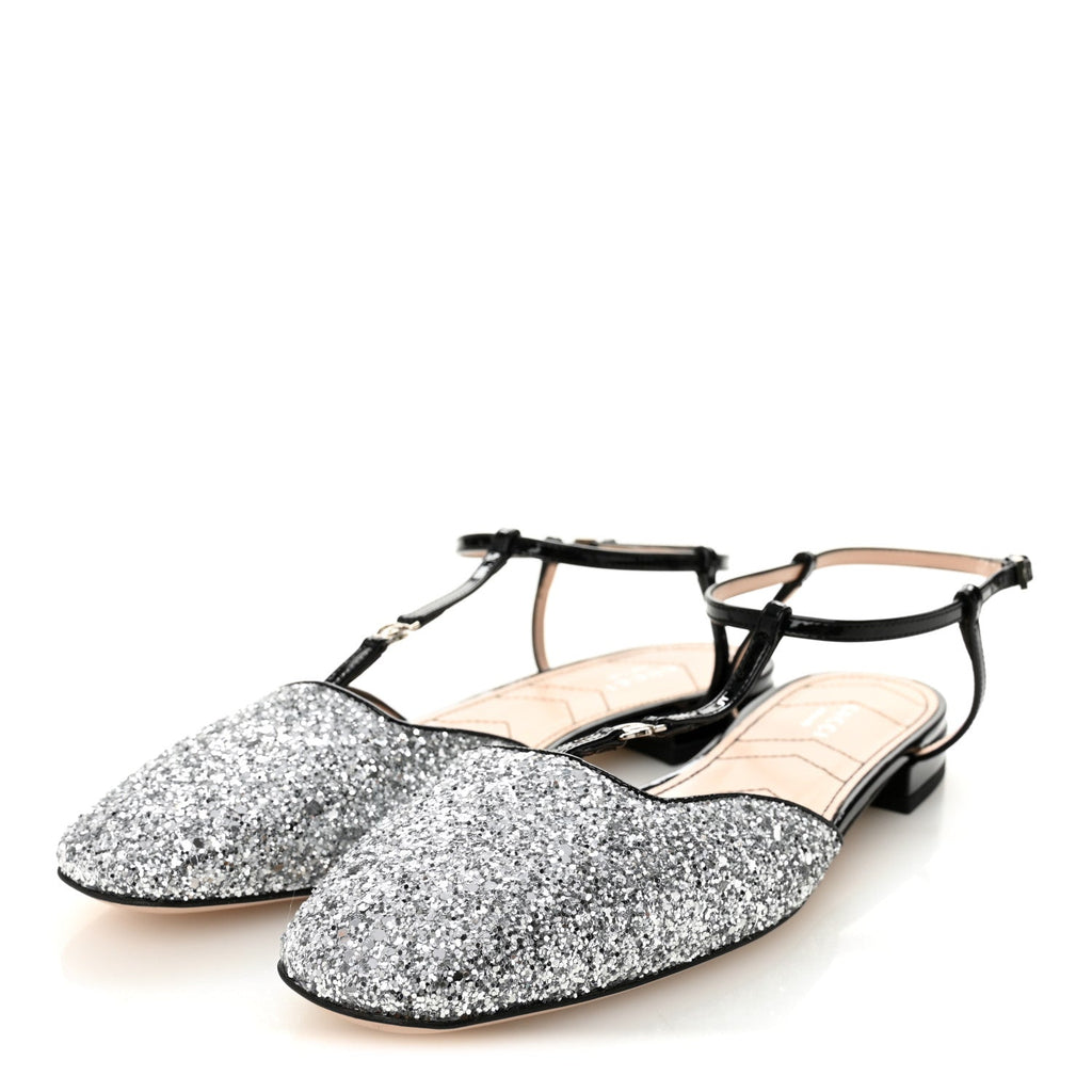 Gucci Calfskin Glitter Double G Slingback Flats 39 Silver Black