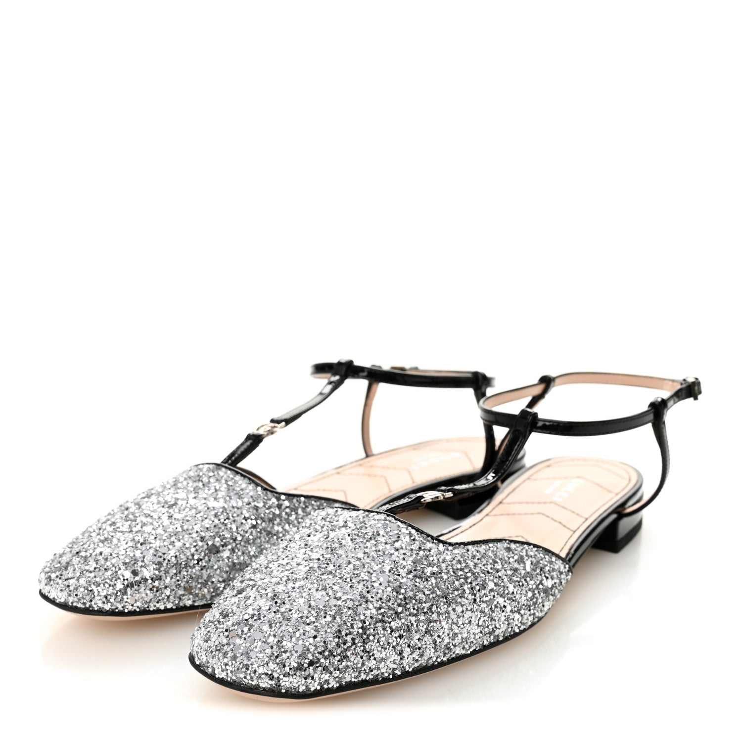 Gucci Calfskin Glitter Double G Slingback Flats 39 Silver Black