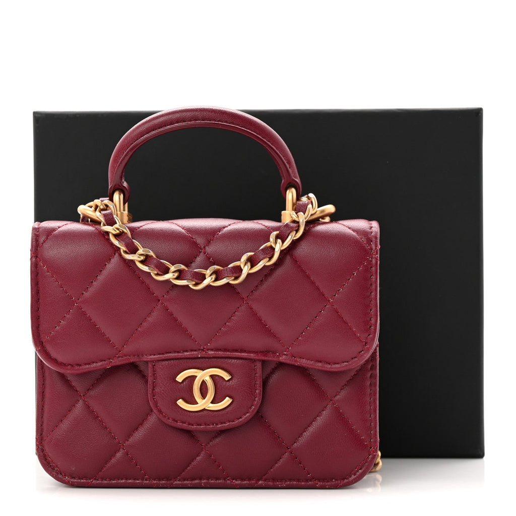 Chanel Lambskin Quilted Top Handle Flap Coin Purse With Chain Burgundy