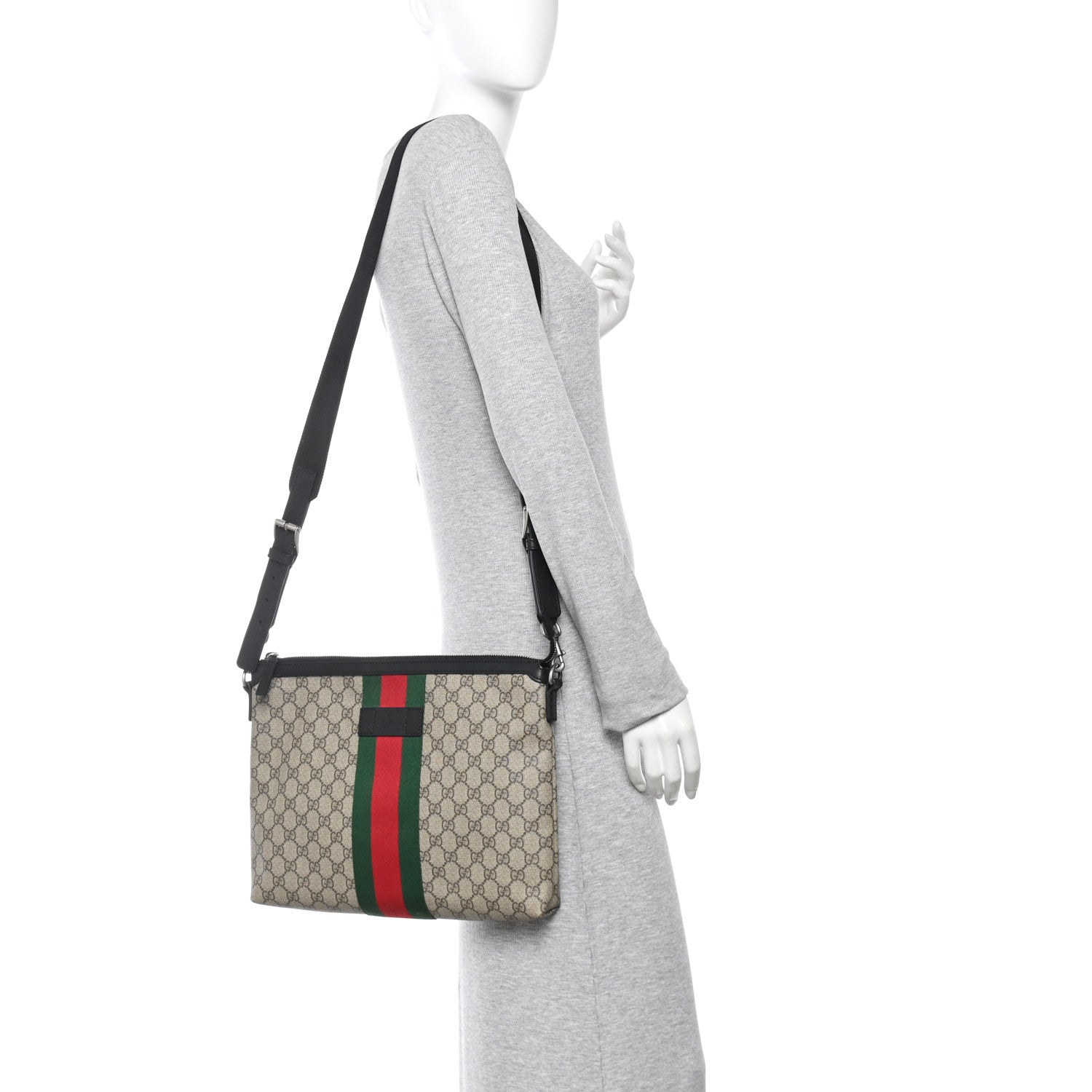 Gucci GG Supreme Monogram Calfskin Web Medium Flat Messenger Bag Beige Ebony Black