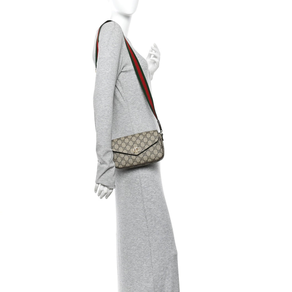 Gucci GG Supreme Monogram Textured Dollar Calfskin Web Mini Ophidia Envelope Shoulder Bag Beige Ebony