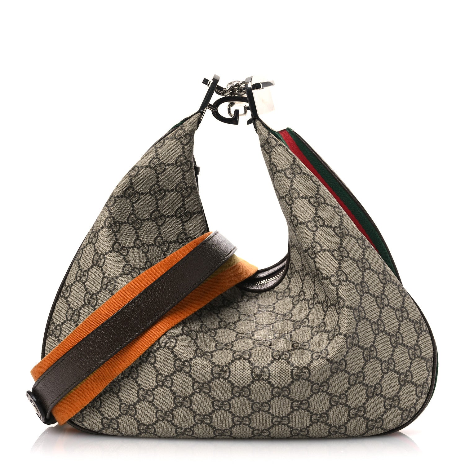 Gucci GG Supreme Monogram Textured Calfskin Web Large Attache Shoulder Bag Beige Ebony New Acero