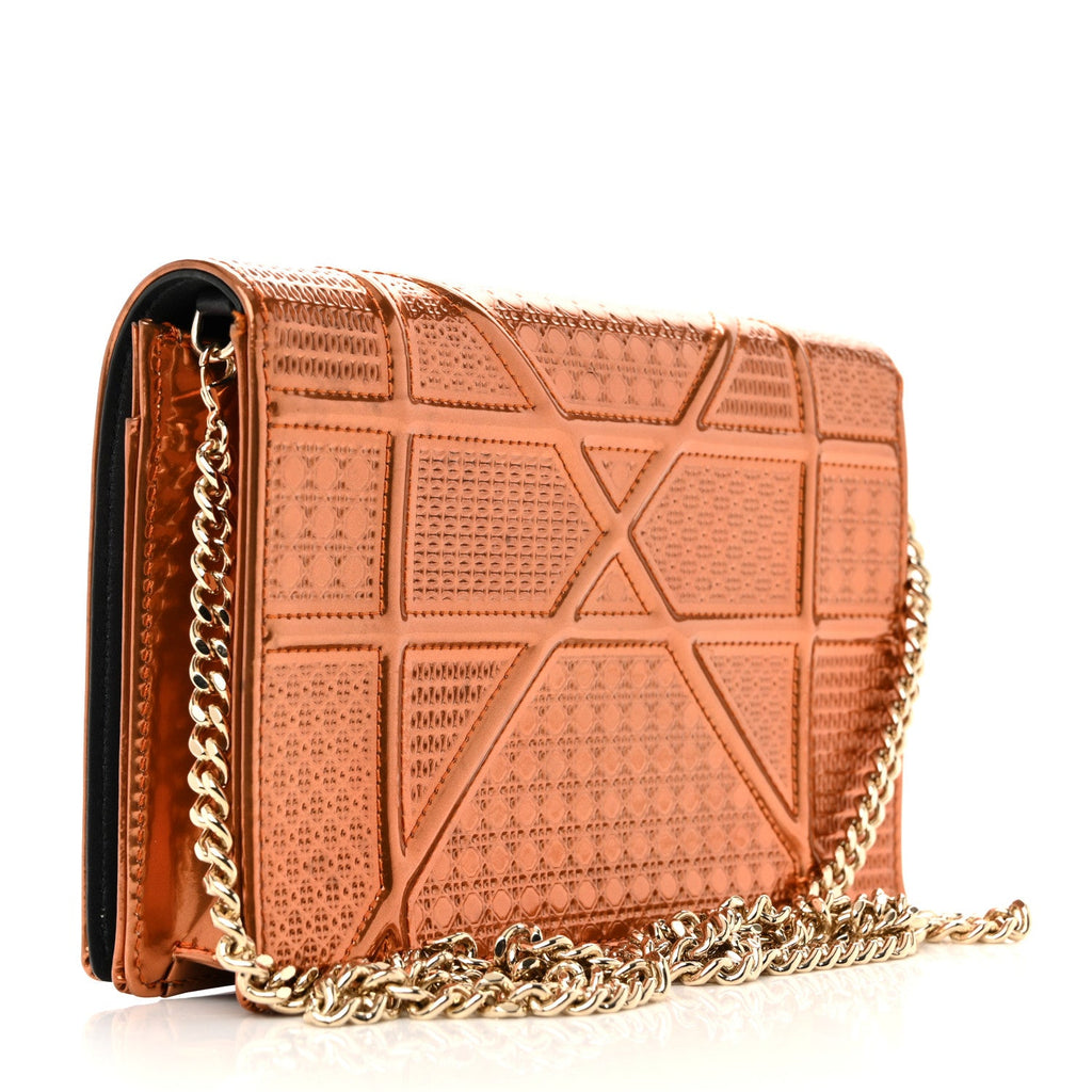 Christian Dior Metallic Patent Micro-Cannage Diorama Wallet on Chain Pouch Orange