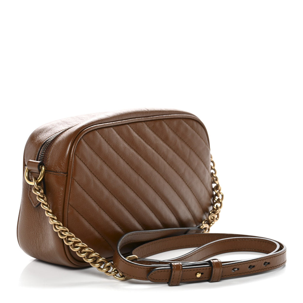 Gucci Glazed Calfskin Matelasse Diagonal Small GG Marmont Chain Shoulder Bag Cuir