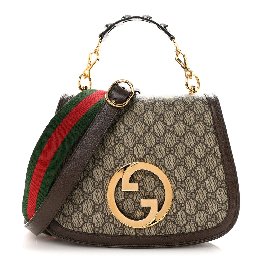 Gucci GG Supreme Monogram Textured Dollar Calfskin Web Medium Blondie Top Handle Shoulder Flap Bag Beige Ebony New Acero