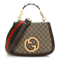 Gucci GG Supreme Monogram Textured Dollar Calfskin Web Medium Blondie Top Handle Shoulder Flap Bag Beige Ebony New Acero