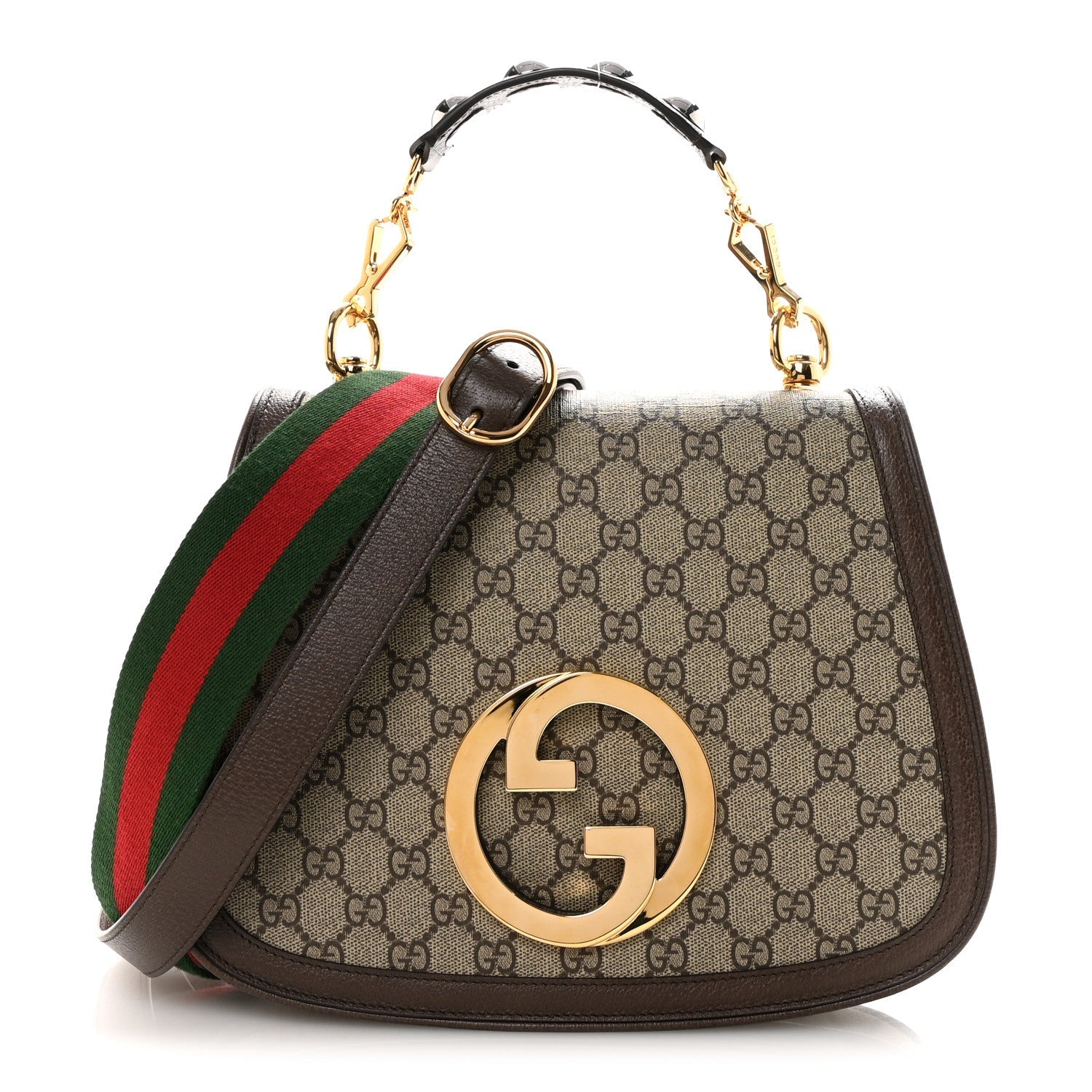 Gucci GG Supreme Monogram Textured Dollar Calfskin Web Medium Blondie Top Handle Shoulder Flap Bag Beige Ebony New Acero