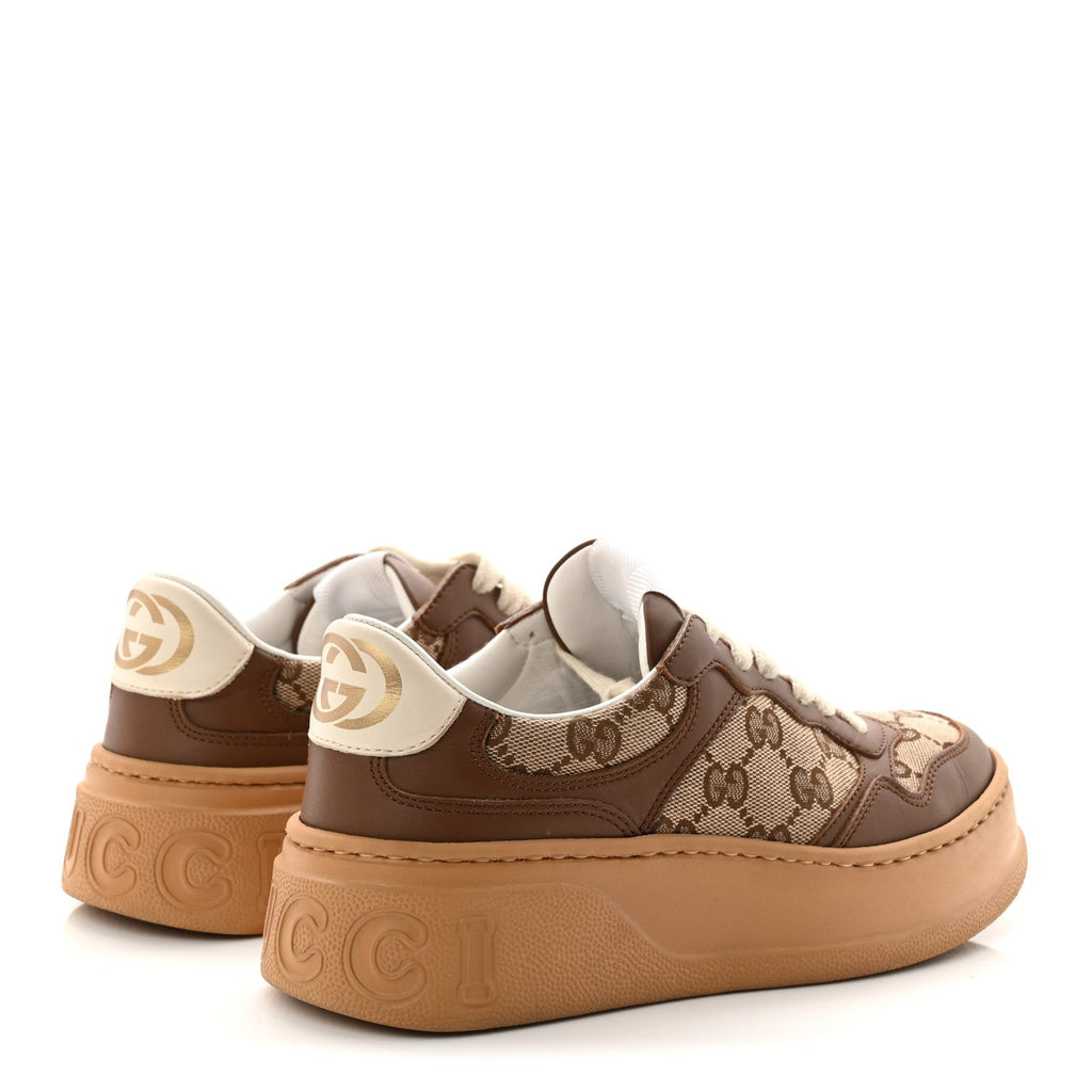 Gucci Calfskin GG Monogram Womens Platform 55mm Sneakers 35.5 Hezelnut Beige Ebony Mystic White