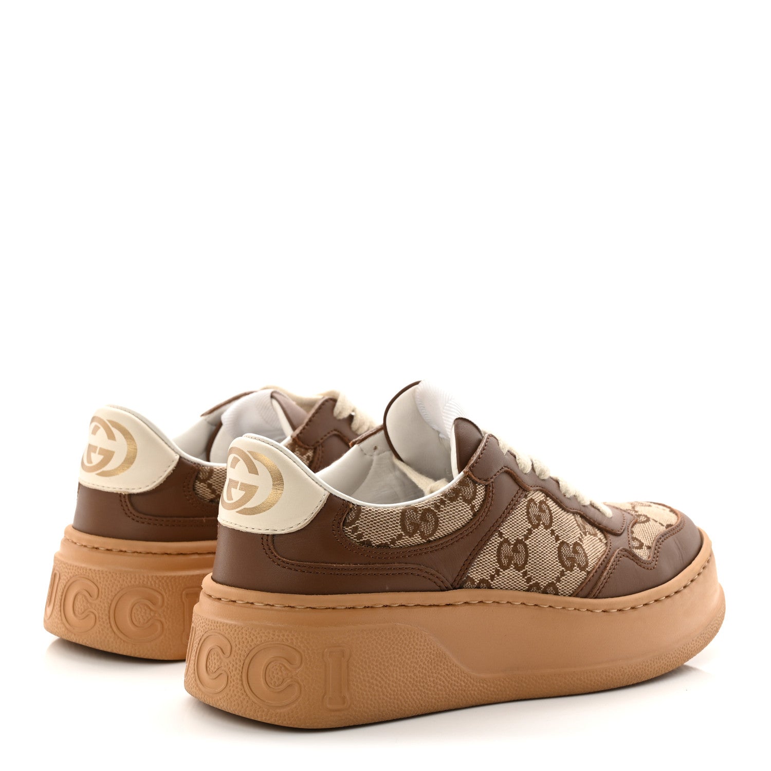 Gucci Calfskin GG Monogram Womens Platform 55mm Sneakers 35.5 Hezelnut Beige Ebony Mystic White