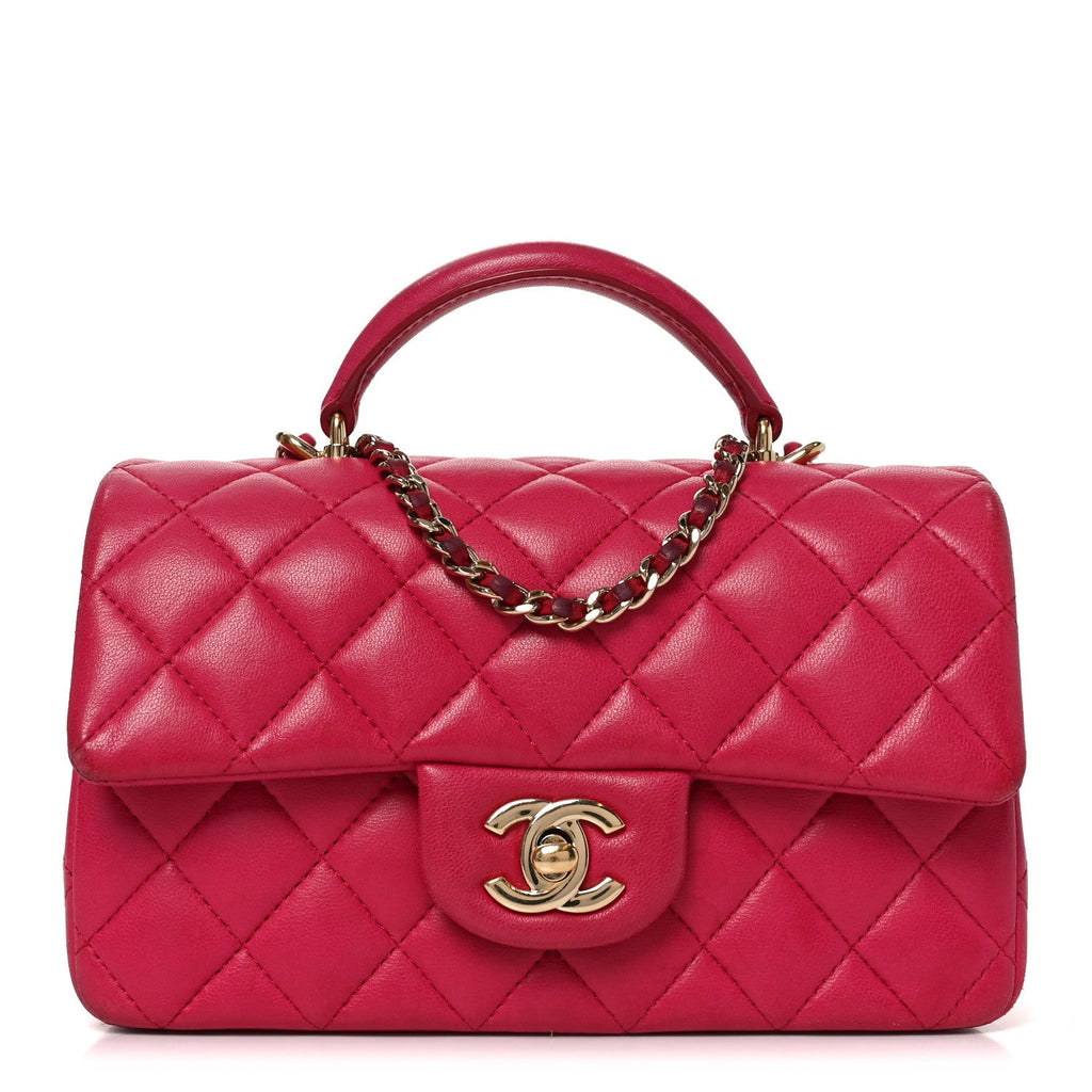 Chanel Lambskin Quilted Mini Top Handle Rectangular Flap Dark Pink