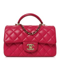 Chanel Lambskin Quilted Mini Top Handle Rectangular Flap Dark Pink