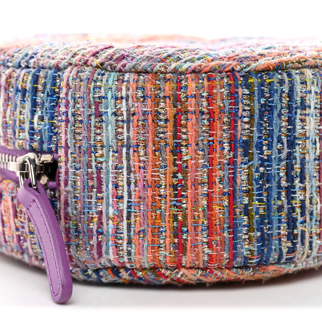 Chanel Tweed Quilted Round Clutch With Chain Blue Pink Orange
