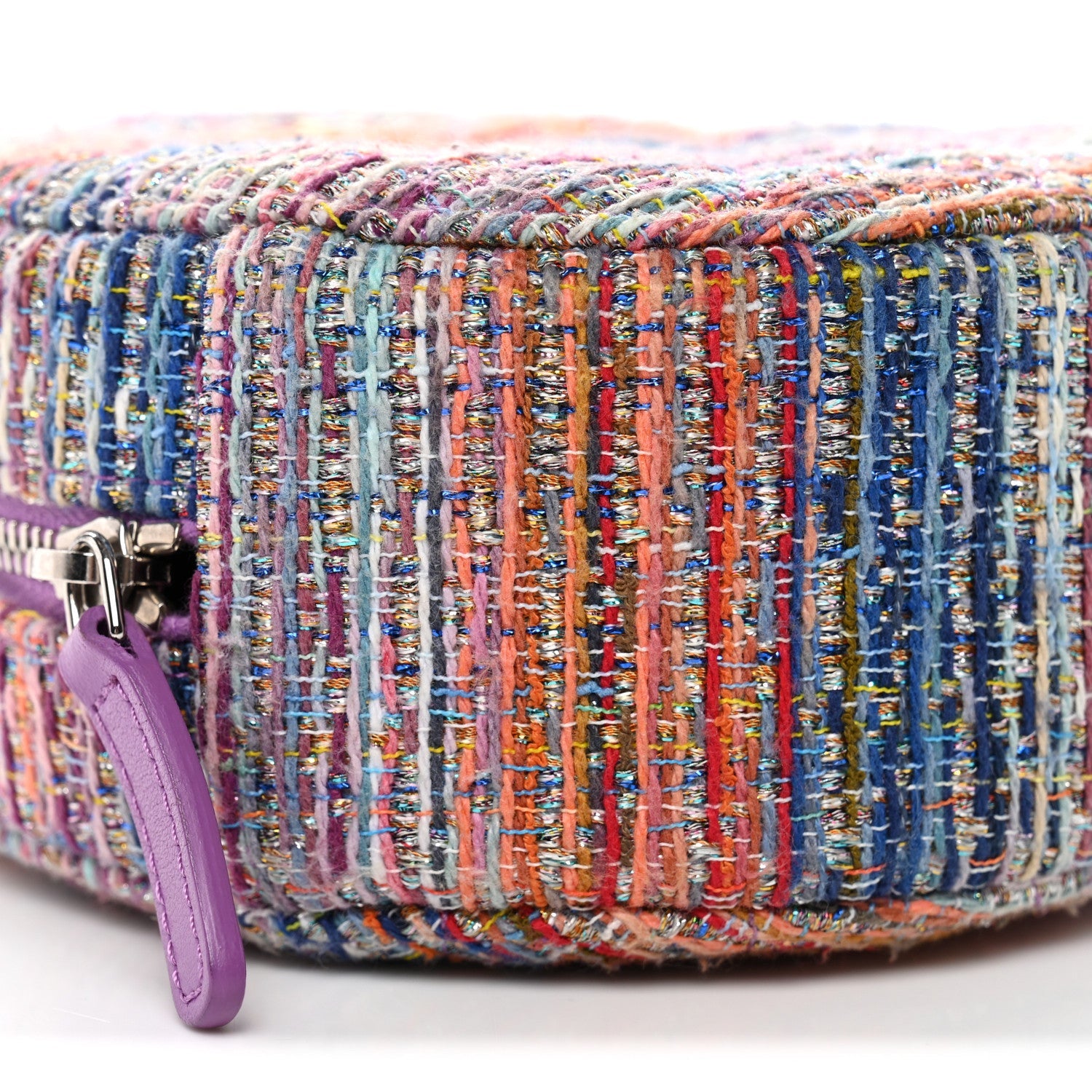 Chanel Tweed Quilted Round Clutch With Chain Blue Pink Orange