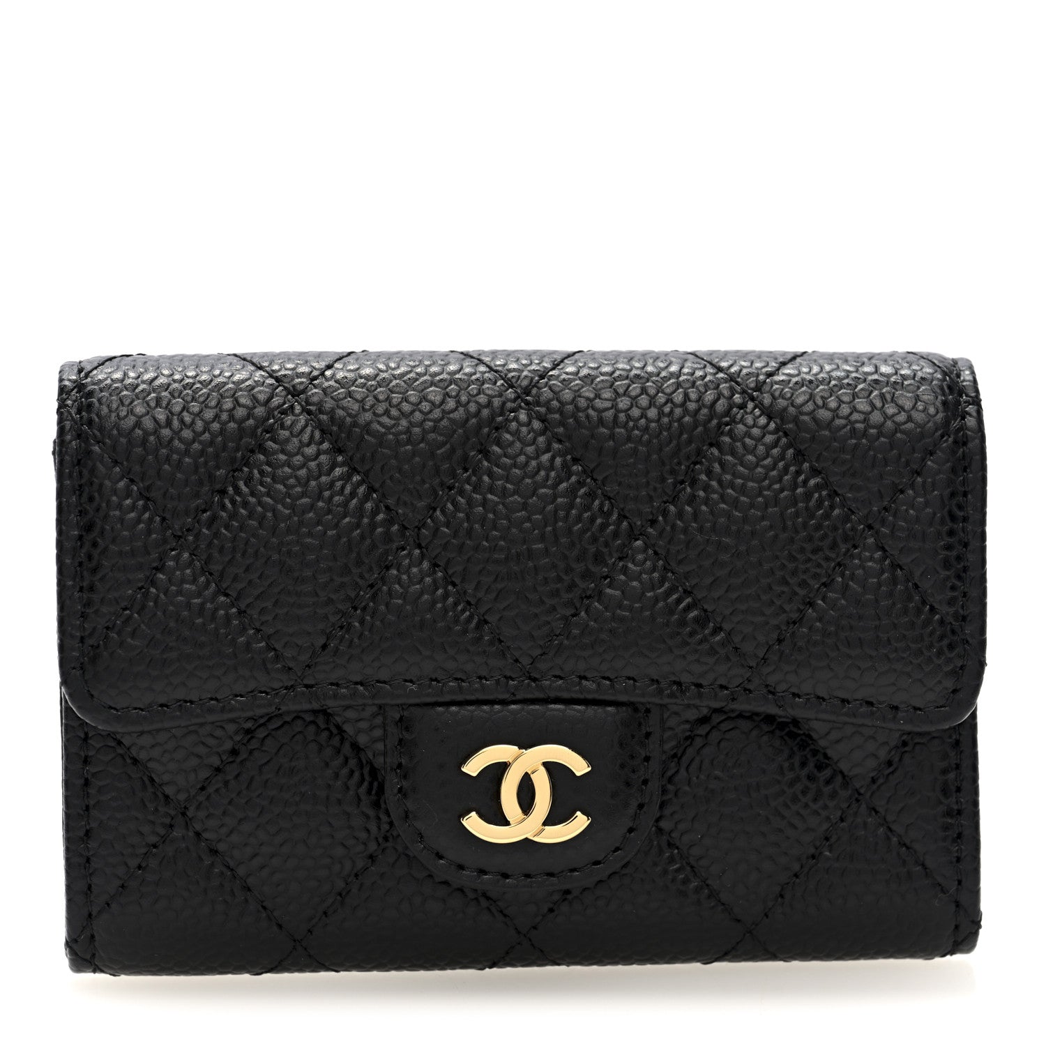 Caviar Quilted Flap Card Holder Wallet Black