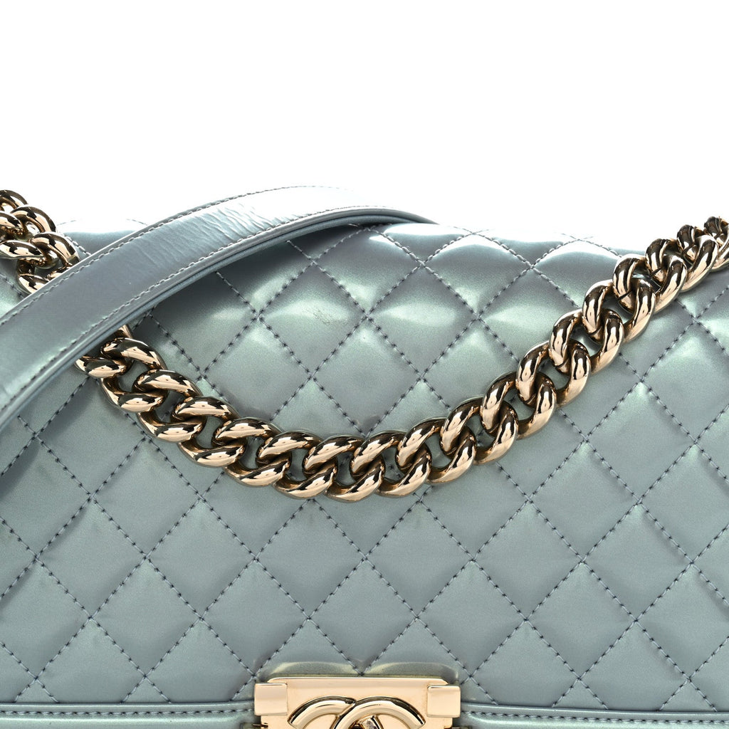 Chanel Iridescent Patent Calfskin Quilted Medium Boy Flap Light Blue