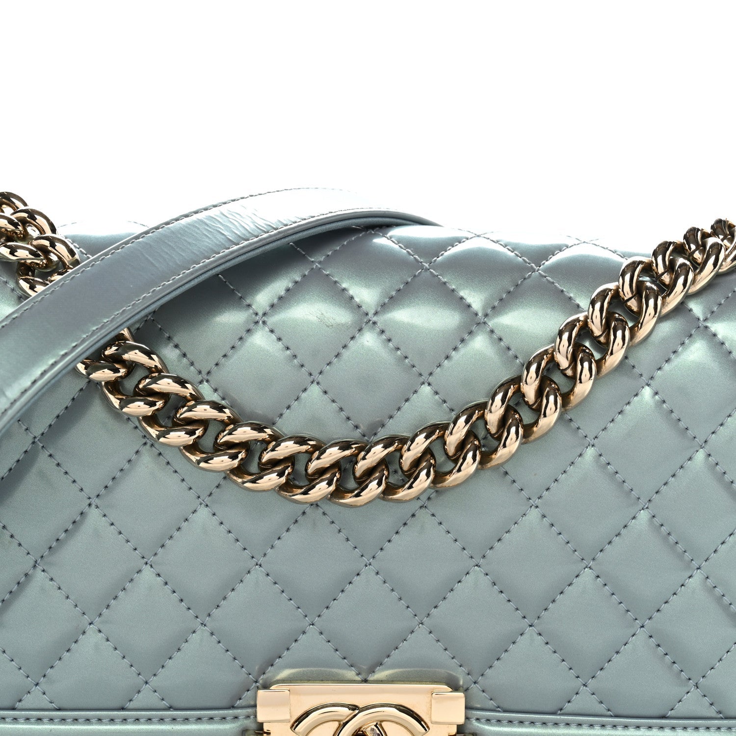 Chanel Iridescent Patent Calfskin Quilted Medium Boy Flap Light Blue