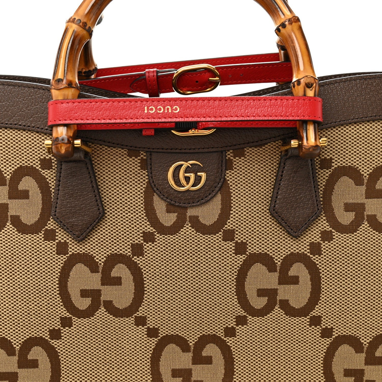 Gucci Monogram Jumbo GG Textured Dollar Calfskin  Medium Diana Tote Bag Camel Ebony New Acero Pomegranate Red