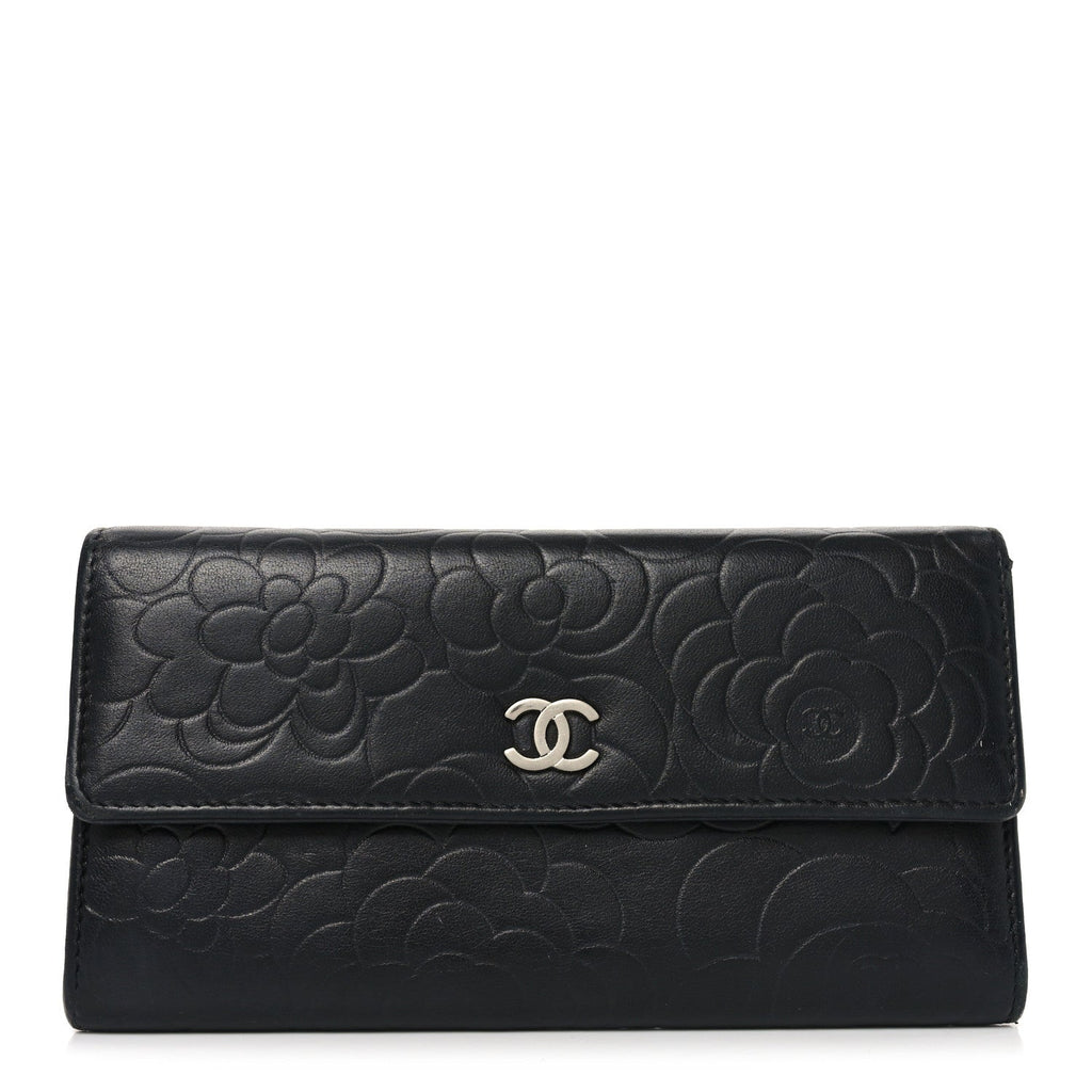 Chanel Lambskin Embossed Camellia Large Gusset Flap Wallet Black