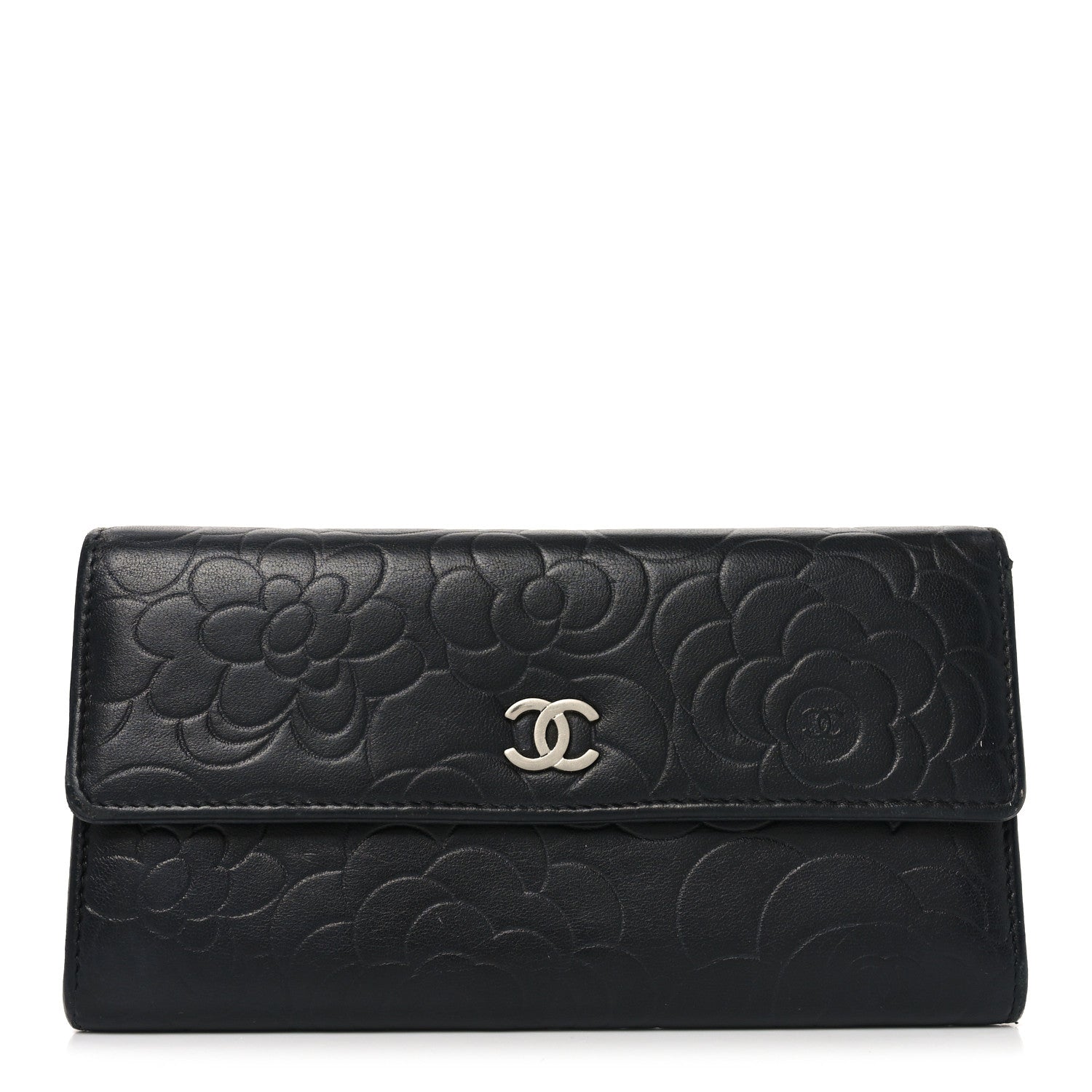 Chanel Lambskin Embossed Camellia Large Gusset Flap Wallet Black