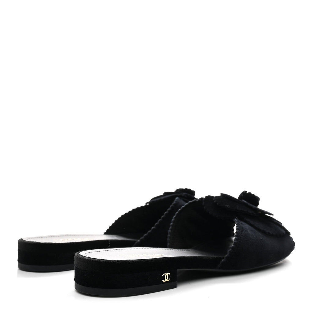 Chanel Velvet Pearl Camellia Slide Sandals 37 Black