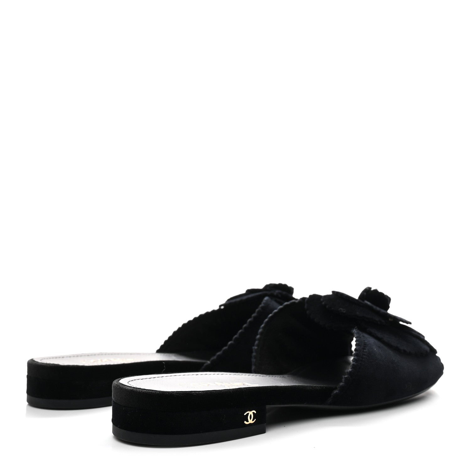 Chanel Velvet Pearl Camellia Slide Sandals 37 Black