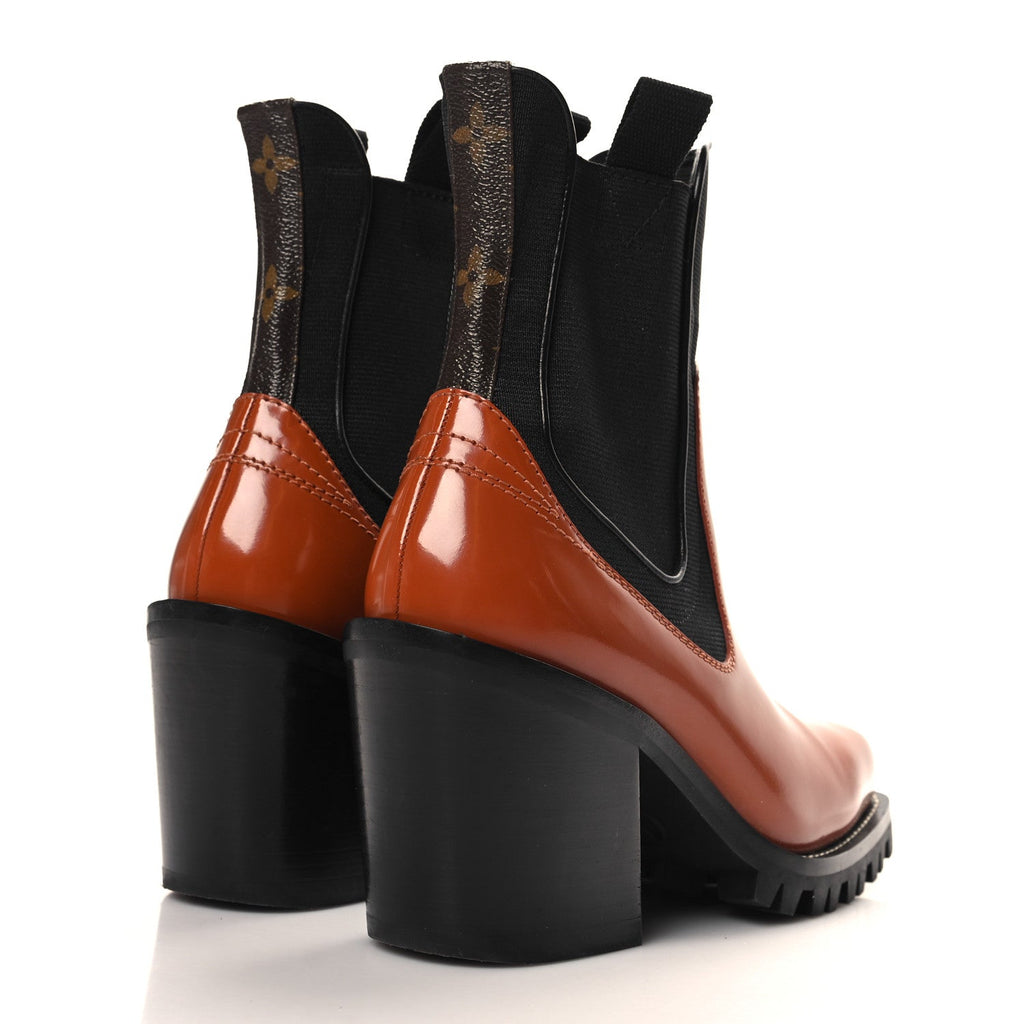 Louis Vuitton Patent Monogram Limitless Ankle Boots 38 Cognac