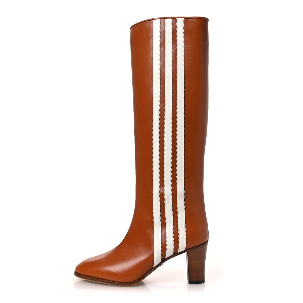 Gucci X ADIDAS Calfskin Elizabeth Knee Boots 38.5 Royal Cognac Great White
