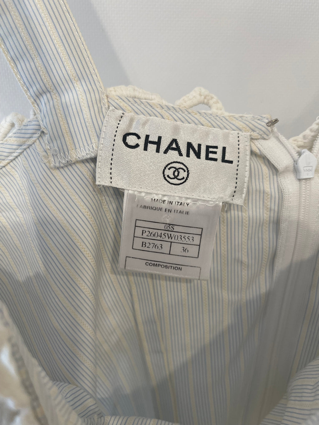 Chanel Spring 2005 Light Blue Striped Mini Dress with White Crochet Detailings Size FR 36 (UK 8)