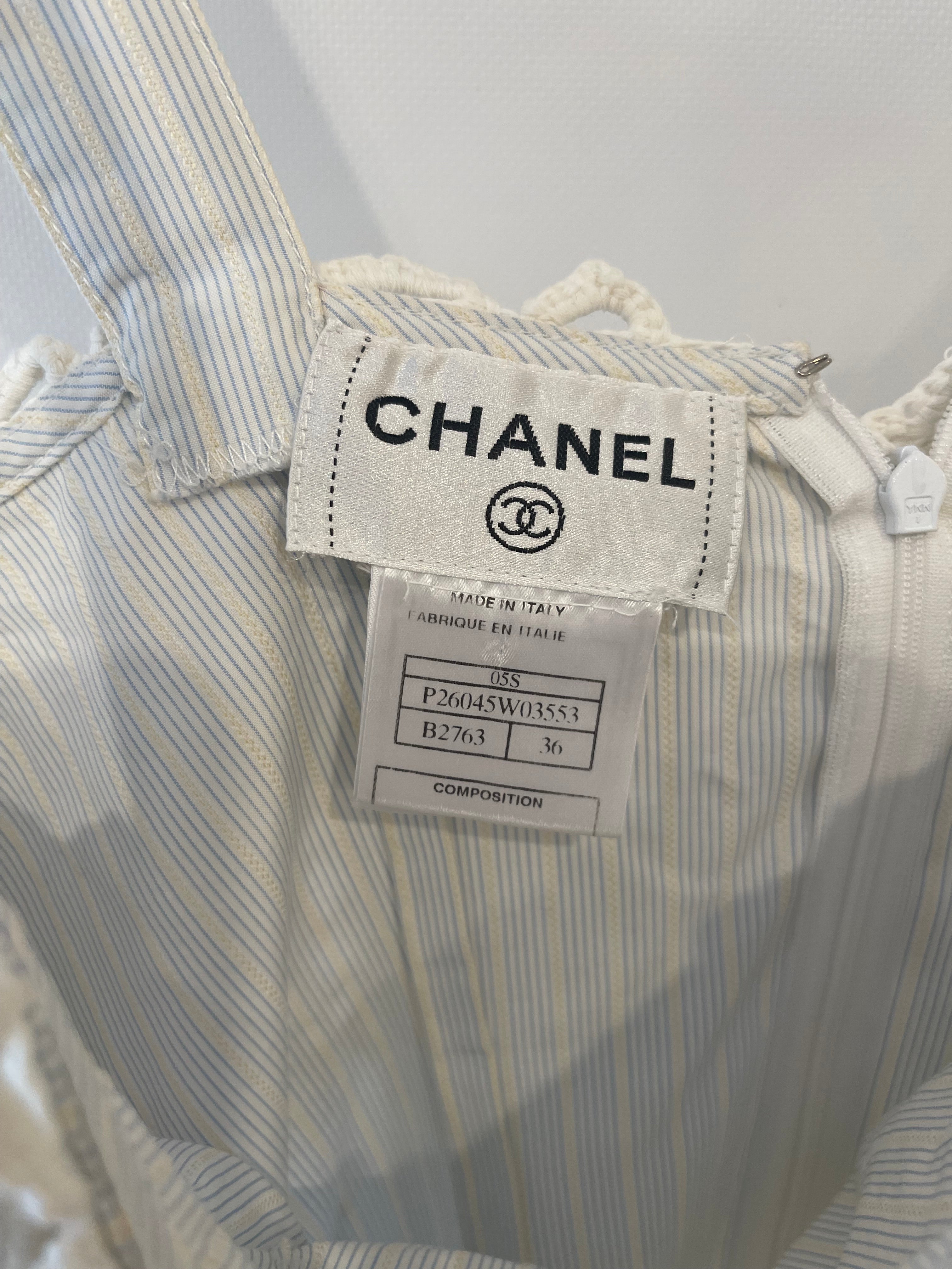 Chanel Spring 2005 Light Blue Striped Mini Dress with White Crochet Detailings Size FR 36 (UK 8)