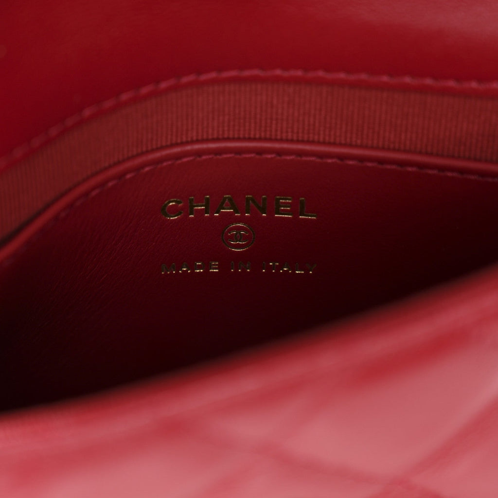 Chanel Shiny Lambskin Quilted Mini Metal Top Handle Clutch With Chain  Red