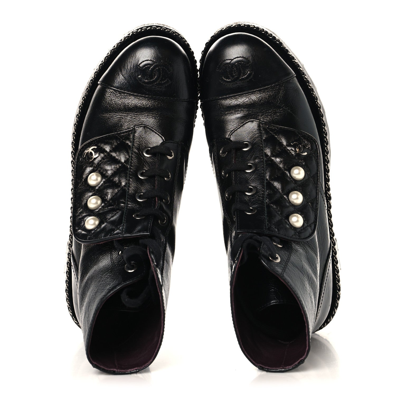 Crackled Calfskin Velvet Pearl Combat Short Boots 37.5 Black