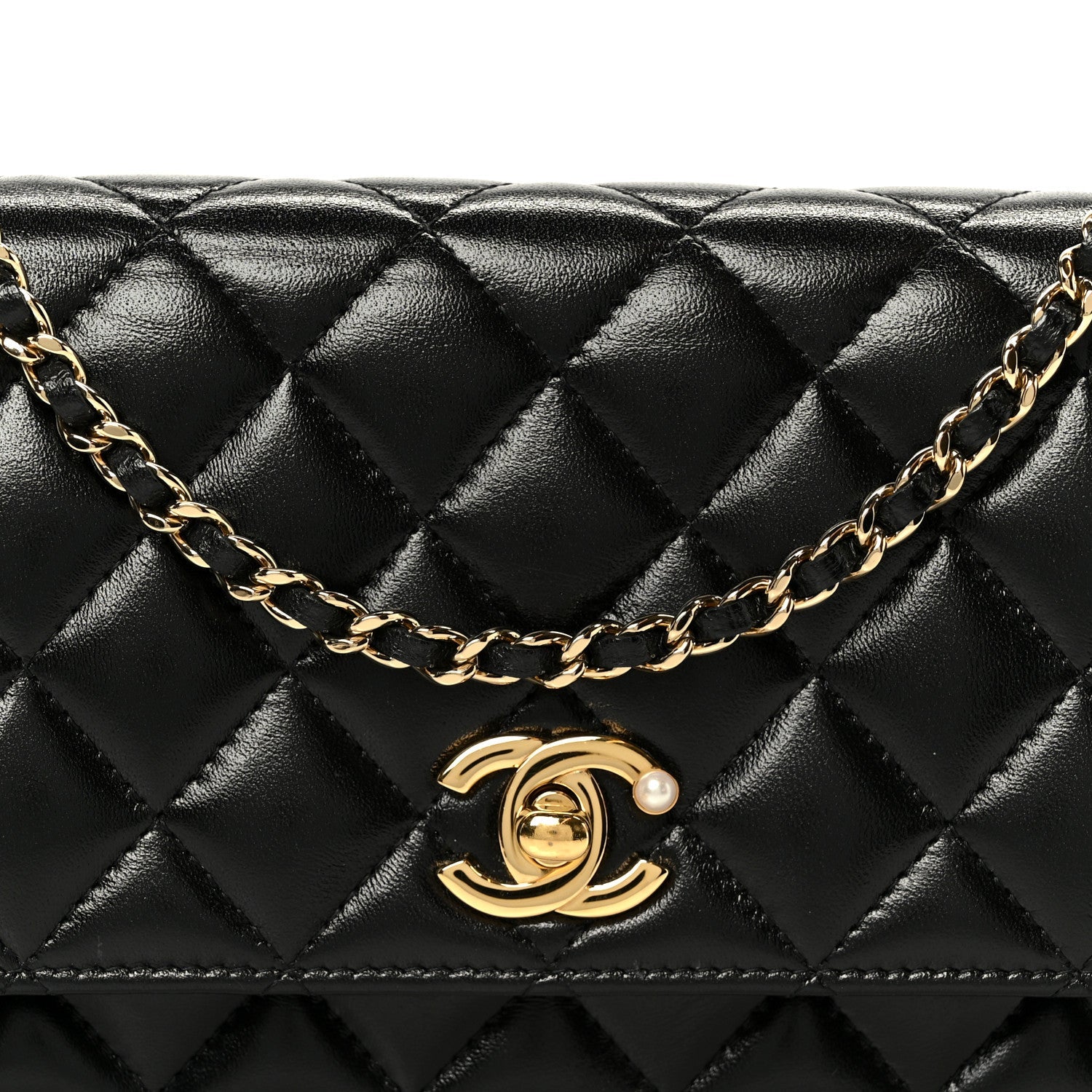 Chanel Shiny Lambskin Quilted CC Pearl Wallet on Chain WOC Black