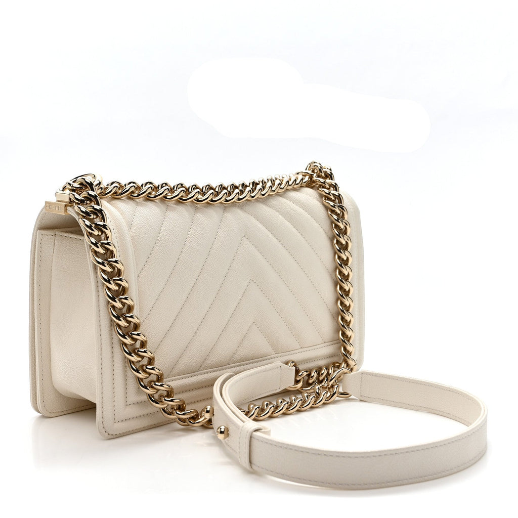 Chanel Caviar Chevron Quilted Medium Boy Flap White