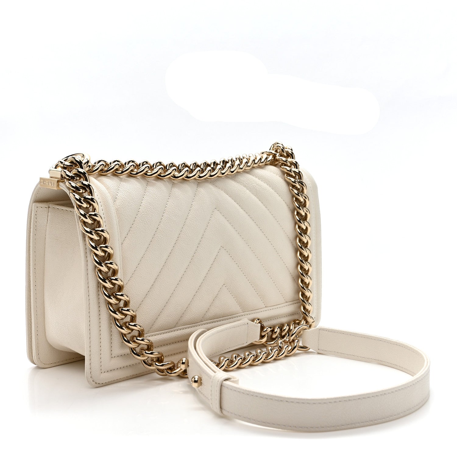 Chanel Caviar Chevron Quilted Medium Boy Flap White