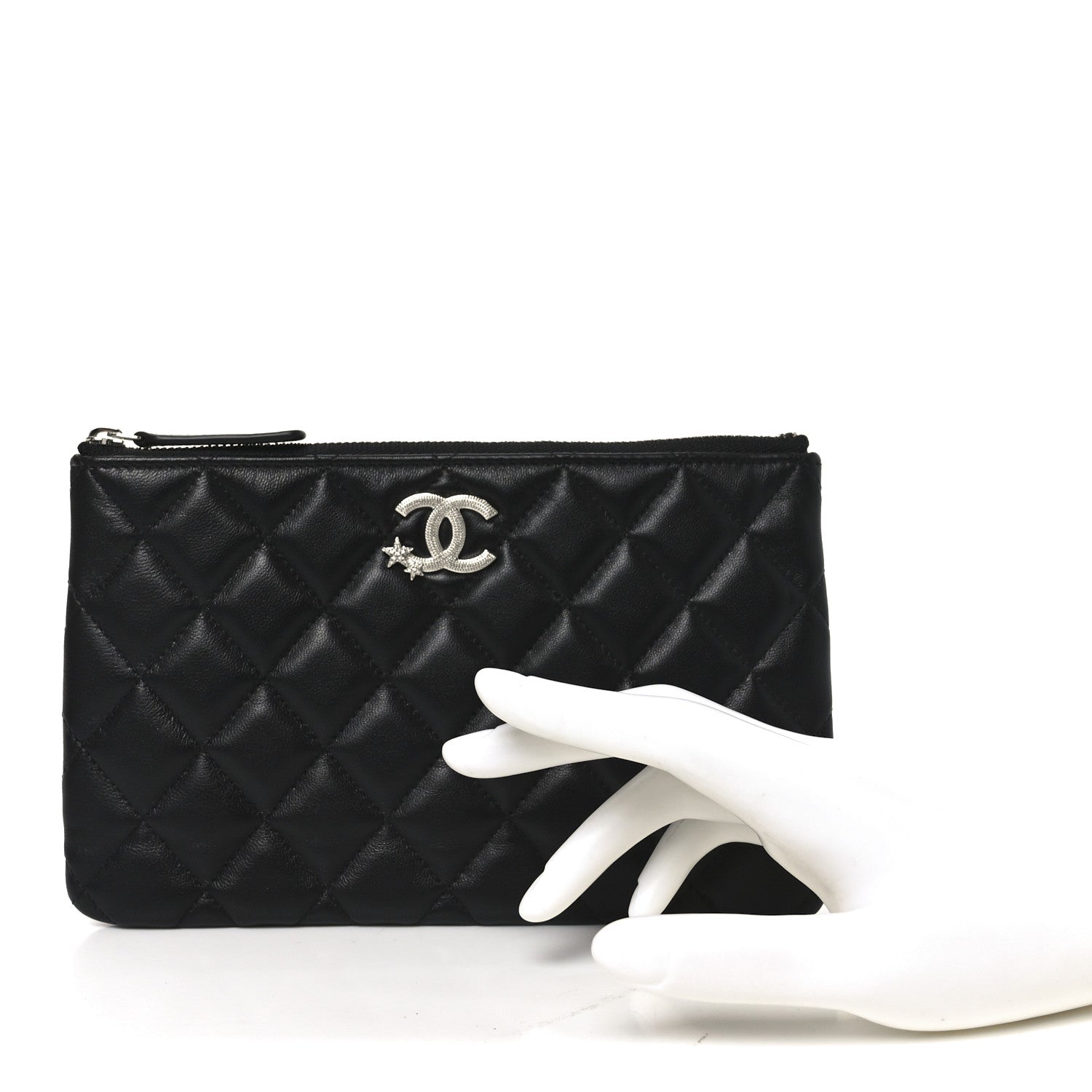 Lambskin Quilted Crystal Star Cosmetic Case Black
