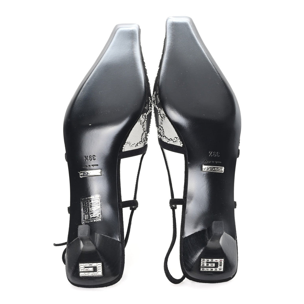 Gucci Tela Retino Kid Scamosciato Crystal GG Monogram Square G 35mm Slingback Pumps 39.5 Black