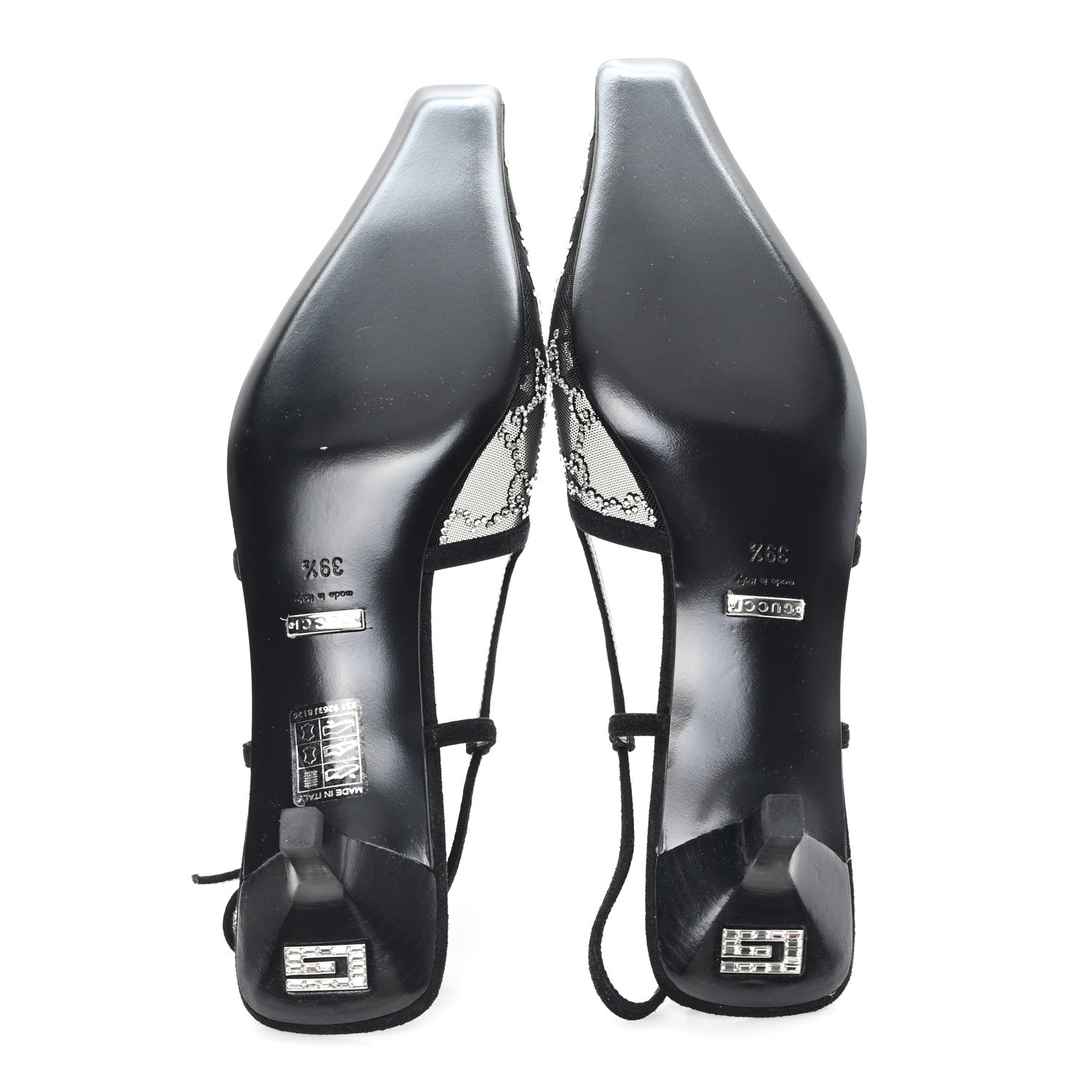 Gucci Tela Retino Kid Scamosciato Crystal GG Monogram Square G 35mm Slingback Pumps 39.5 Black