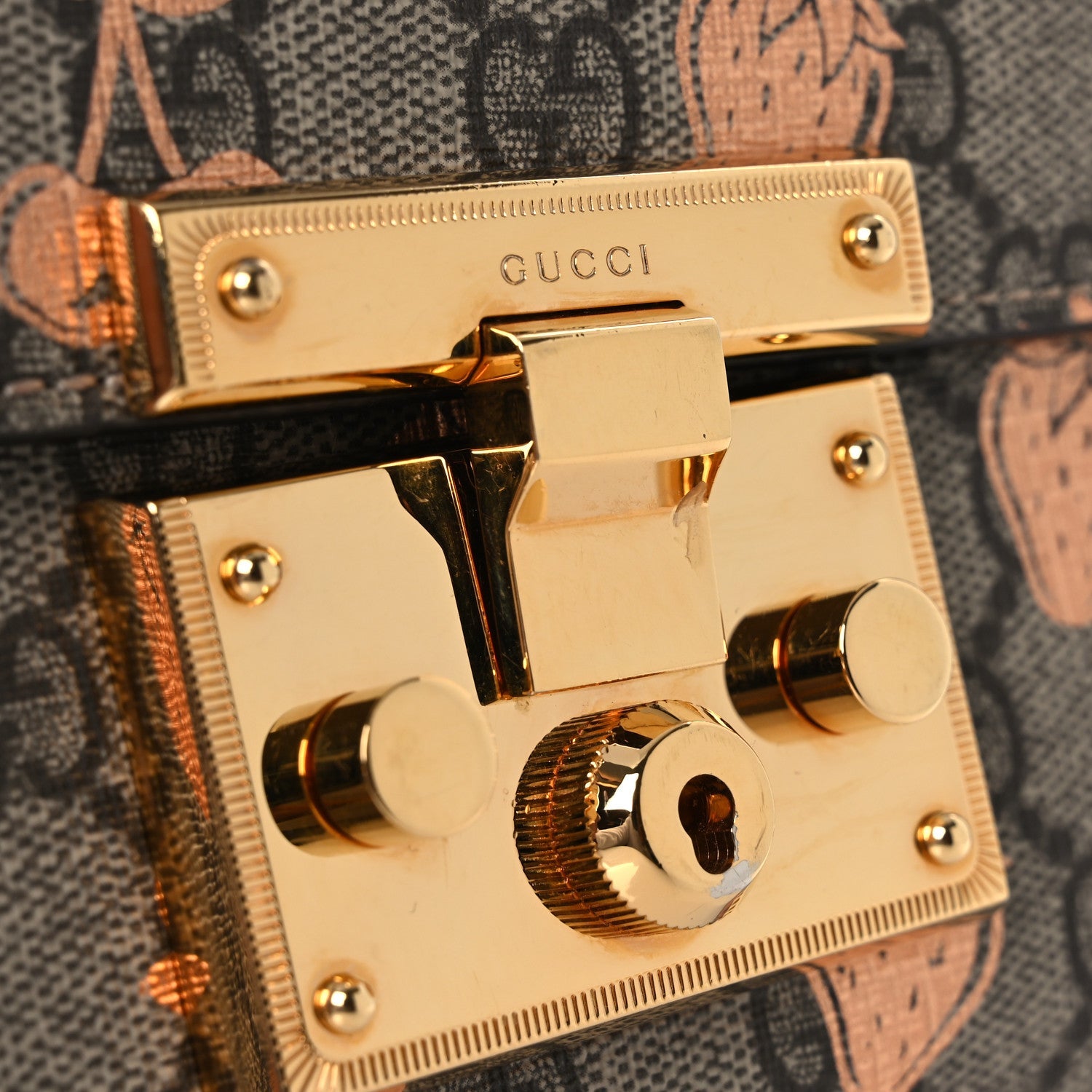 Gucci GG Supreme Monogram Berry Textured Dollar Calfskin Small Padlock Shoulder Bag Beige Ebony Light Copper Mystic White