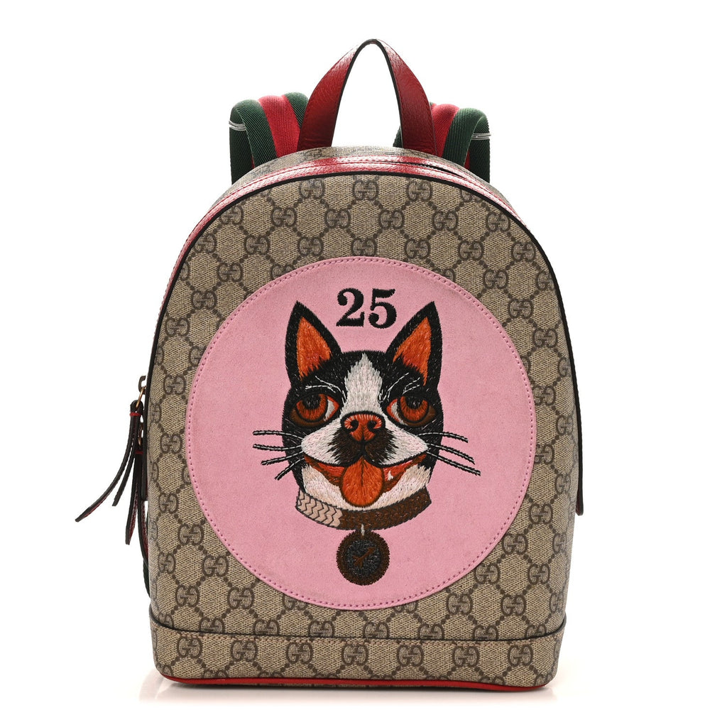 Gucci GG Supreme Monogram Web Bosco Patch Dome Backpack Beige Malva Hibiscus Red