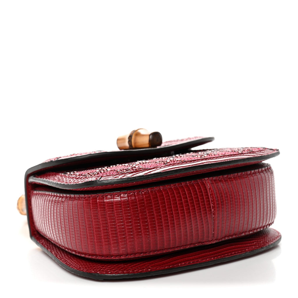 Gucci Moire Fabric Calfskin Rhinestone Monogram Monochrome Lizard Embossed Mini Bamboo 1947 Top Handle Chain Bag Red