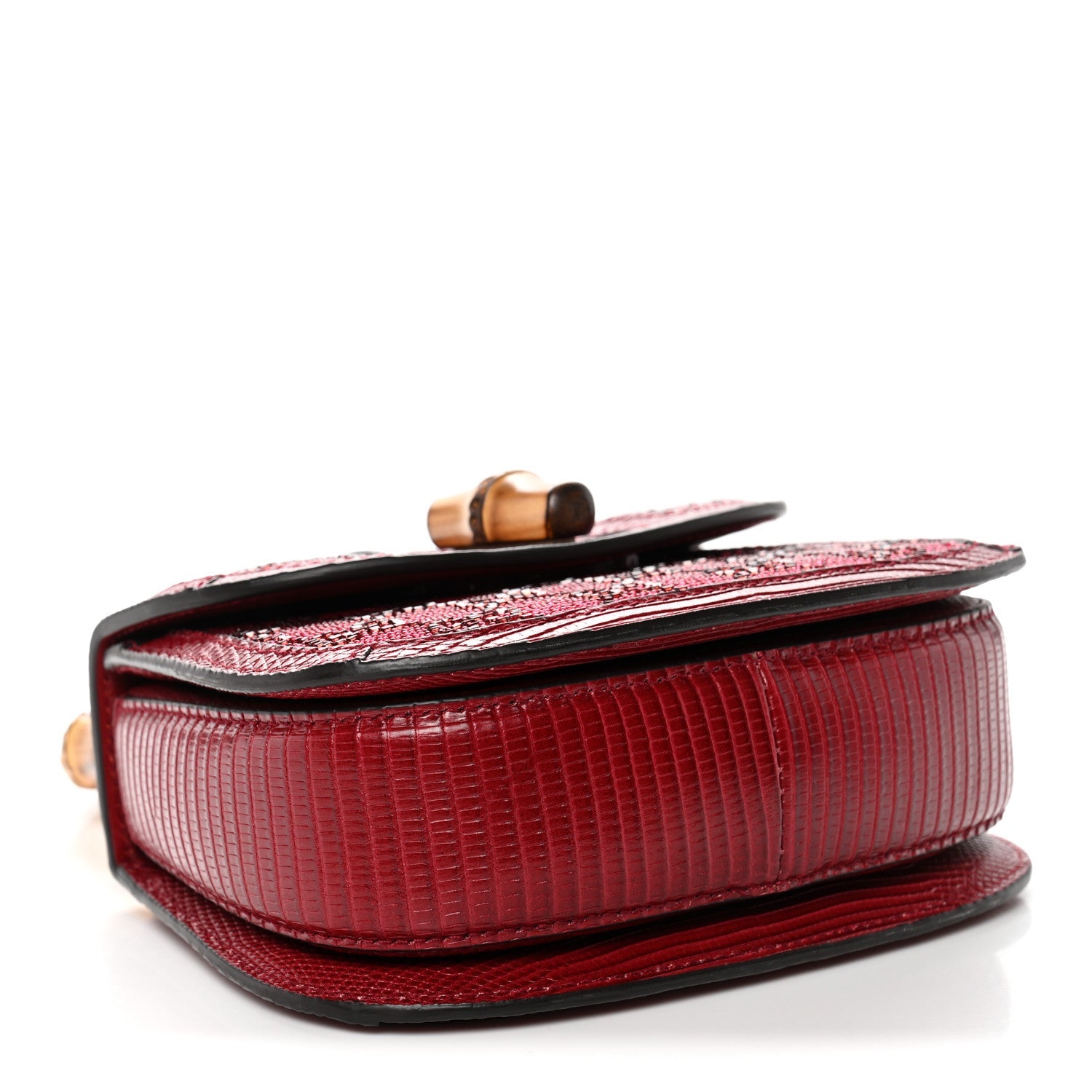 Gucci Moire Fabric Calfskin Rhinestone Monogram Monochrome Lizard Embossed Mini Bamboo 1947 Top Handle Chain Bag Red