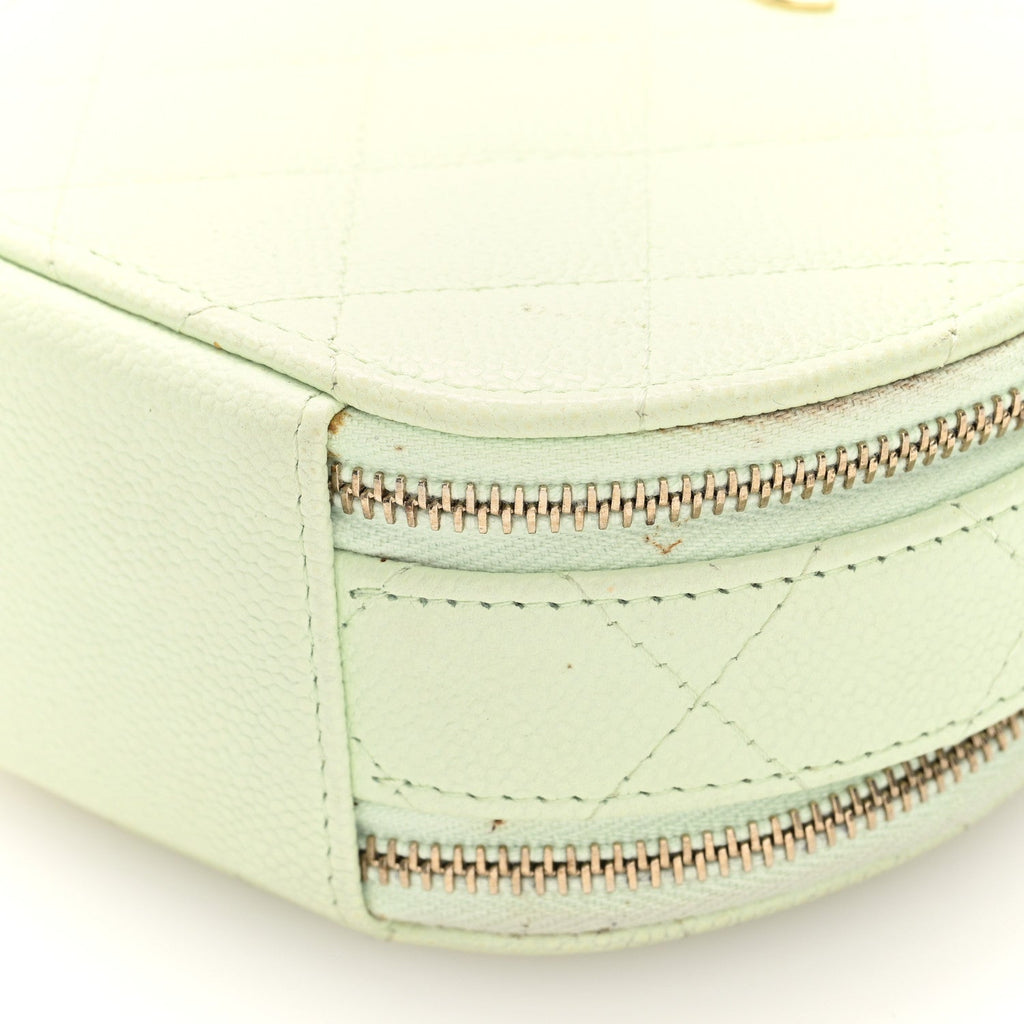 Chanel Caviar Quilted Round Handle With Care Vanity With Chain Light Green