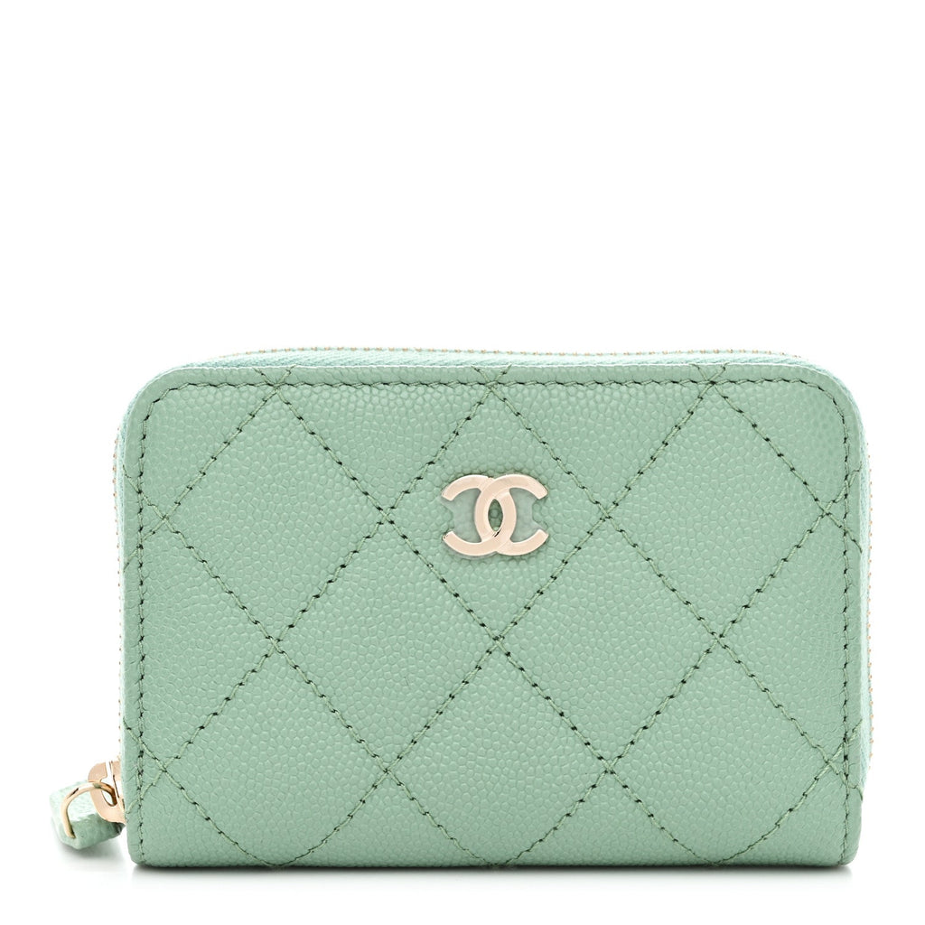 Caviar Quilted Zip Around Coin Purse Wallet Light Green