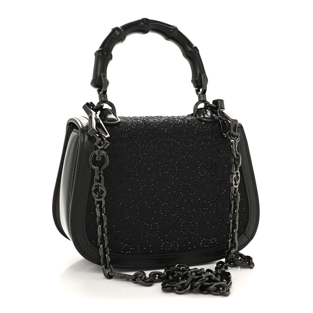 Gucci Moire Fabric Calfskin Rhinestone Monogram Monochrome Mini Bamboo 1947 Top Handle Chain Bag Black