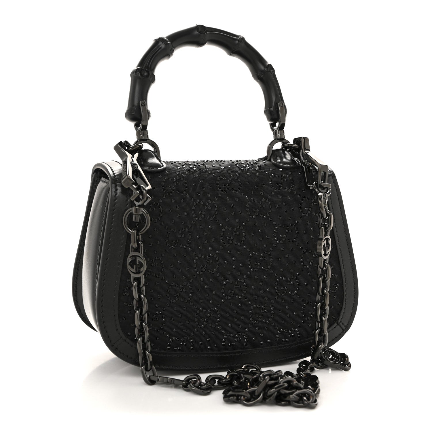 Gucci Moire Fabric Calfskin Rhinestone Monogram Monochrome Mini Bamboo 1947 Top Handle Chain Bag Black