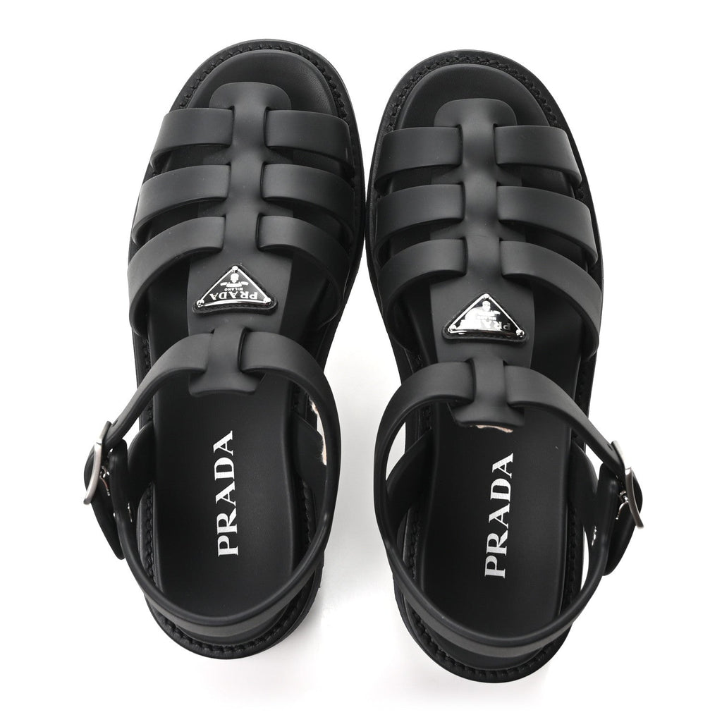 Prada Foam Rubber Metal Triangle Logo Soft Cage Women Sandals 40 Black